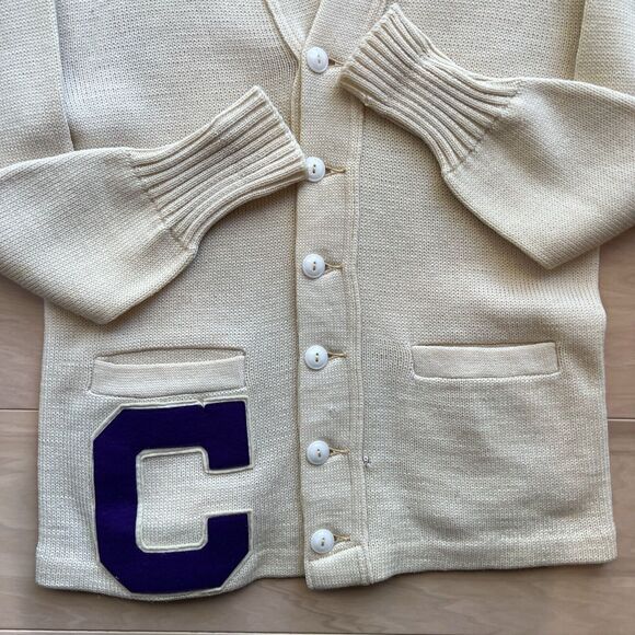 Vintage Letterman Cardigan Small Beige Wool Sweater 60s Indian Brand Made in USA - Picture 5 of 9